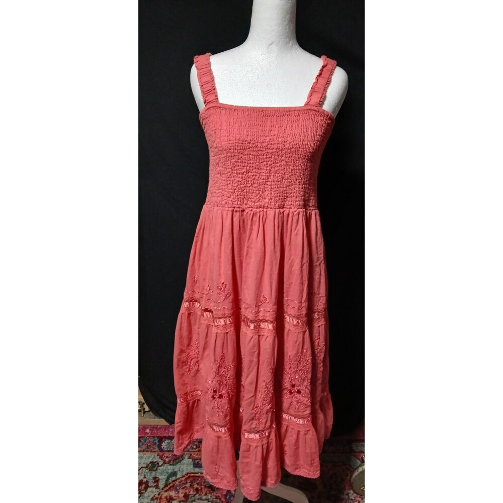 Indian Tropical Fashion Coral Smocked Bodice Tiered Embroidery Bead Sundress XL